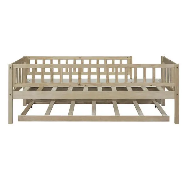Alt view image 5 of 7 - Twin Size Wood Daybed With Trundle And Fence Guardrails, Natural