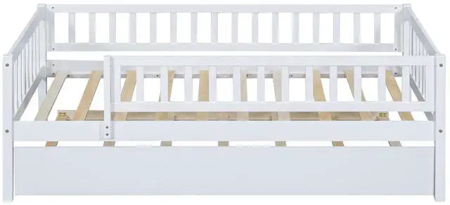 Alt view image 5 of 7 - Twin Size Wood Daybed With Trundle And Fence Guardrails, White