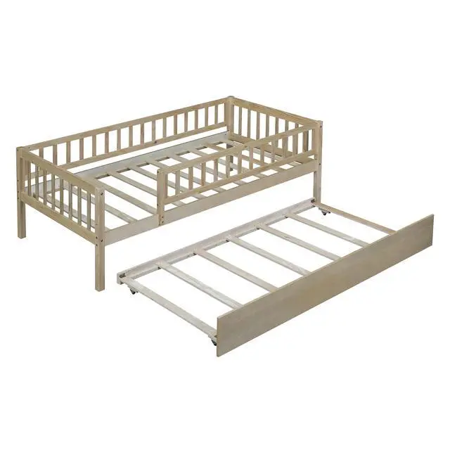 Alt view image 7 of 7 - Twin Size Wood Daybed With Trundle And Fence Guardrails, Natural