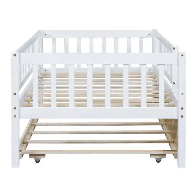 Alt view image 7 of 7 - Twin Size Wood Daybed With Trundle And Fence Guardrails, White