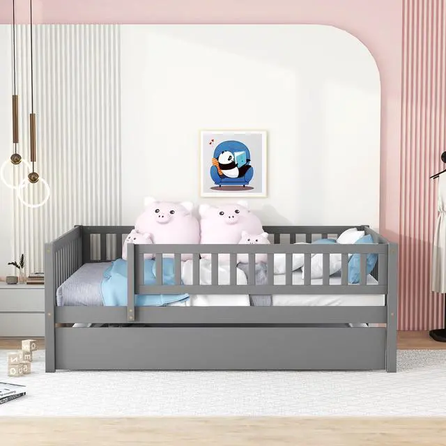 Alt view image 2 of 7 - Full Size Wood Daybed With Trundle And Fence Guardrails, Gray