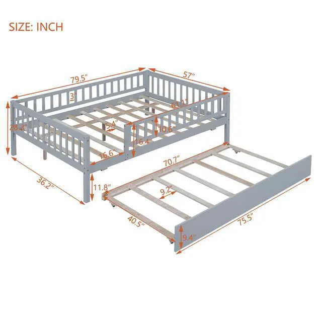 Alt view image 3 of 7 - Full Size Wood Daybed With Trundle And Fence Guardrails, Gray