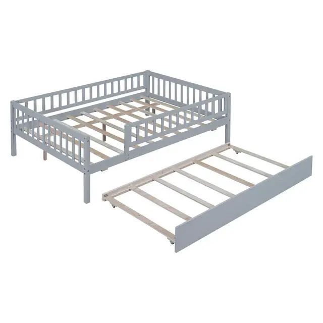 Alt view image 5 of 7 - Full Size Wood Daybed With Trundle And Fence Guardrails, Gray