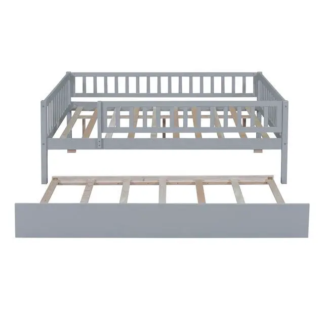 Alt view image 6 of 7 - Full Size Wood Daybed With Trundle And Fence Guardrails, Gray