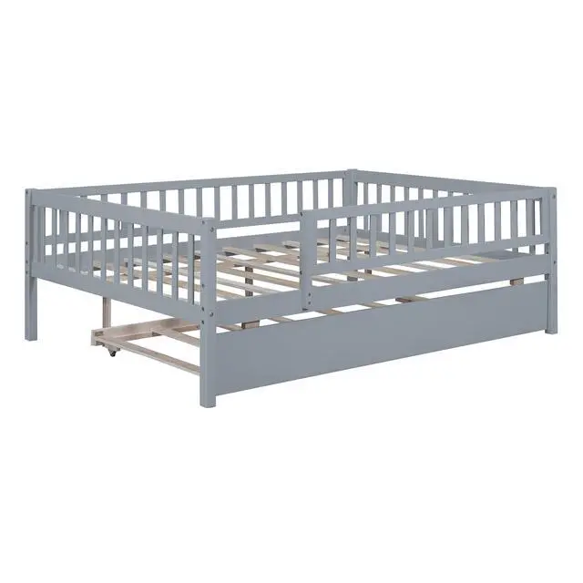 Alt view image 4 of 7 - Full Size Wood Daybed With Trundle And Fence Guardrails, Gray