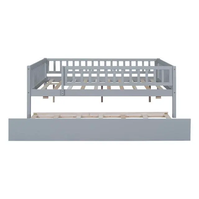 Alt view image 7 of 7 - Full Size Wood Daybed With Trundle And Fence Guardrails, Gray