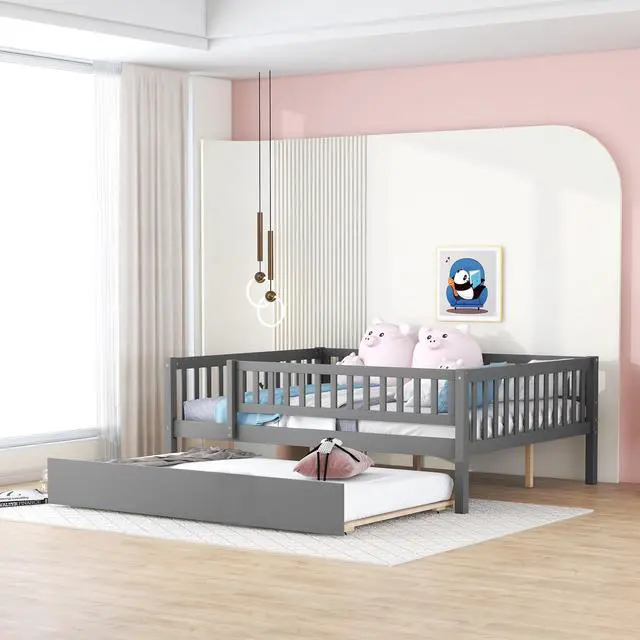 Main image of Full Size Wood Daybed With Trundle And Fence Guardrails, Gray