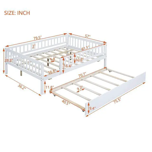 Alt view image 3 of 7 - Full Size Wood Daybed With Trundle And Fence Guardrails, White