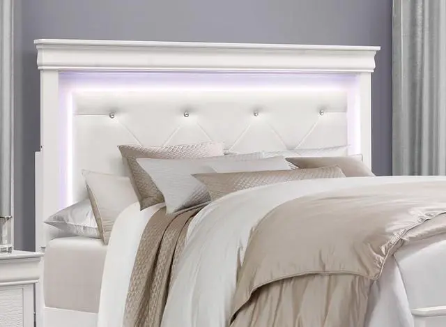 Alt view image 2 of 5 - Traditional Design White Finish 1pc Queen Size Bed Button-Tufted Upholstered LED Headboard Faux Alligator Embossed Panels