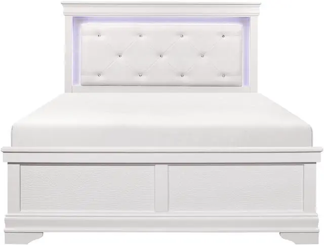 Main image of Traditional Design White Finish 1pc Queen Size Bed Button-Tufted Upholstered LED Headboard Faux Alligator Embossed Panels