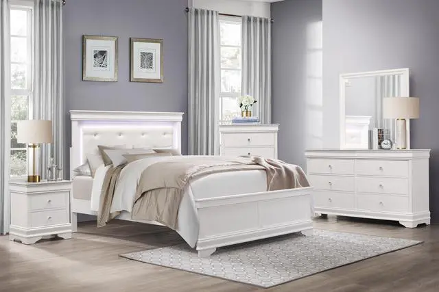 Alt view image 5 of 5 - Traditional Design White Finish 1pc Queen Size Bed Button-Tufted Upholstered LED Headboard Faux Alligator Embossed Panels