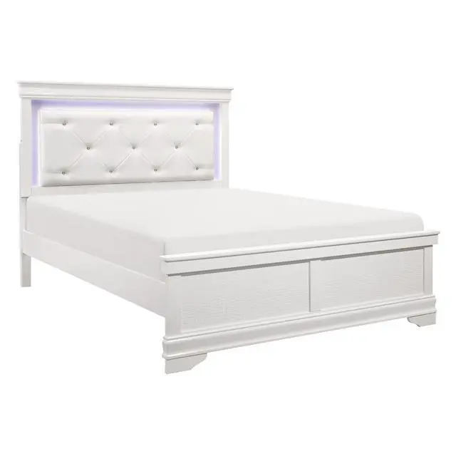 Alt view image 3 of 5 - Traditional Design White Finish 1pc Queen Size Bed Button-Tufted Upholstered LED Headboard Faux Alligator Embossed Panels