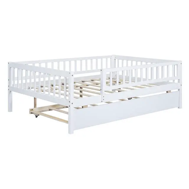 Alt view image 4 of 7 - Full Size Wood Daybed With Trundle And Fence Guardrails, White