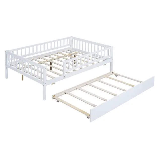 Alt view image 5 of 7 - Full Size Wood Daybed With Trundle And Fence Guardrails, White