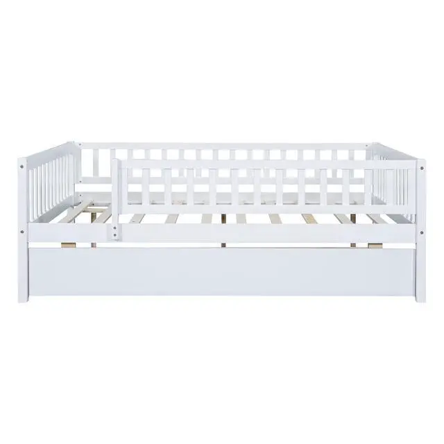 Alt view image 6 of 7 - Full Size Wood Daybed With Trundle And Fence Guardrails, White