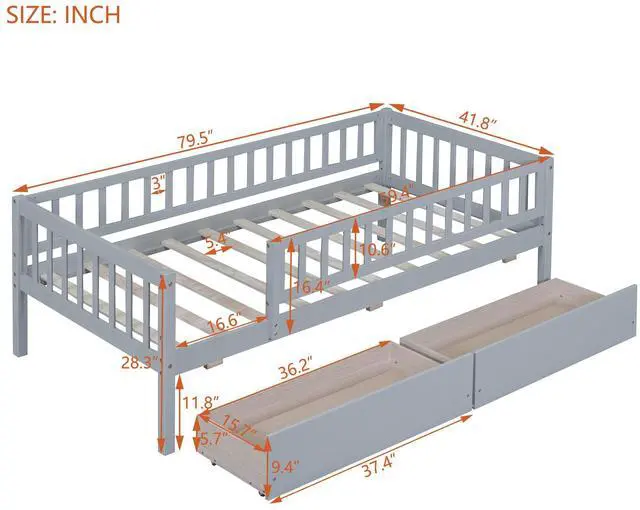 Alt view image 3 of 7 - Twin Size Daybed Wood Bed With Two Drawers, Gray