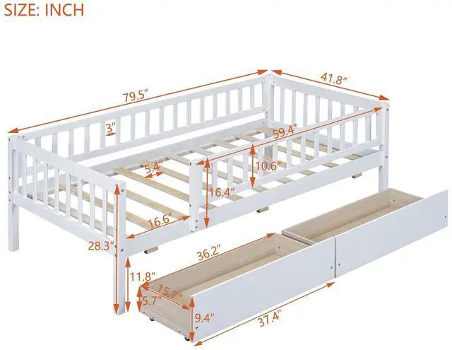 Alt view image 3 of 7 - Twin Size Daybed Wood Bed With Two Drawers , White