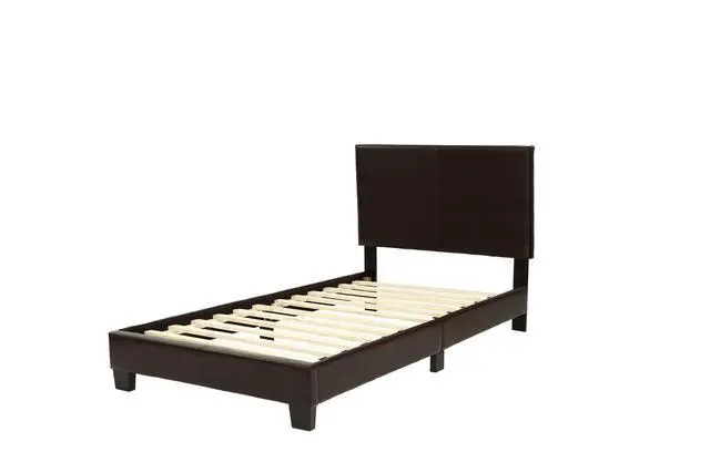 Alt view image 5 of 7 - Modern Brown 1Pc Twin Size Bed Faux Leather Upholstered Bedframe Bedroom Furniture Adjustable Headboard