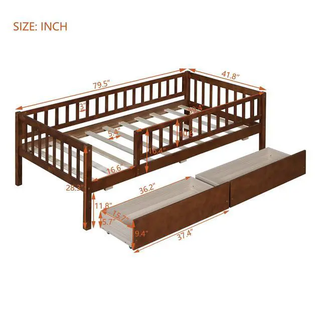 Alt view image 3 of 7 - Twin Size Daybed Wood Bed With Two Drawers, Walnut