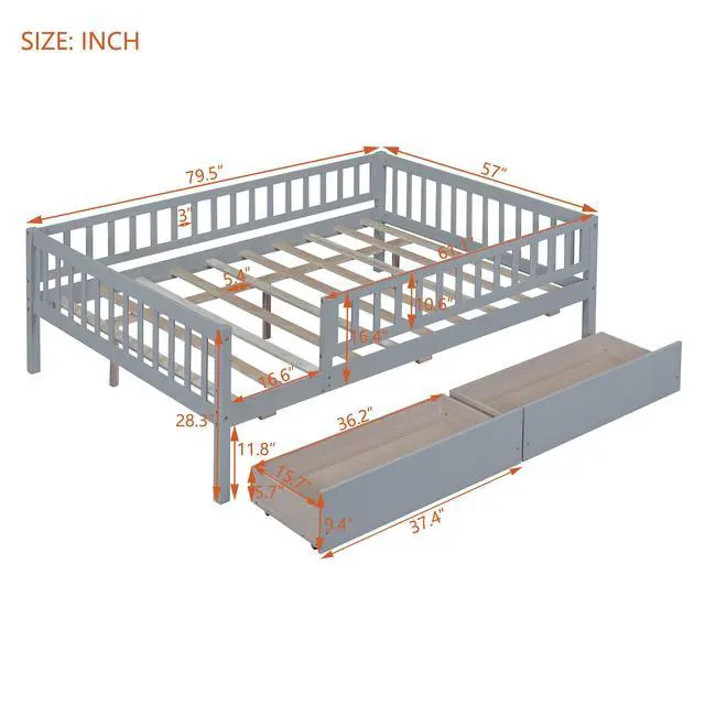 Alt view image 3 of 7 - Full Size Daybed Wood Bed With Two Drawers, Gray