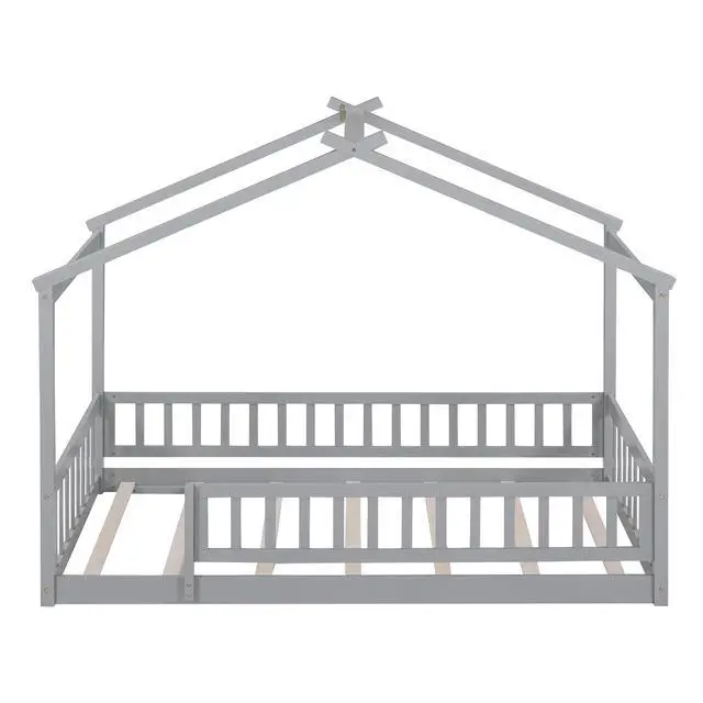Alt view image 3 of 7 - Twin Size Wood Bed House Bed Frame With Fence, For Kids, Teens, Girls, Boys, Gray