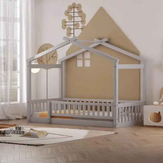 Alt view image 2 of 7 - Twin Size Wood Bed House Bed Frame With Fence, For Kids, Teens, Girls, Boys, Gray