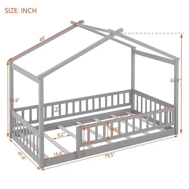 Alt view image 4 of 7 - Twin Size Wood Bed House Bed Frame With Fence, For Kids, Teens, Girls, Boys, Gray