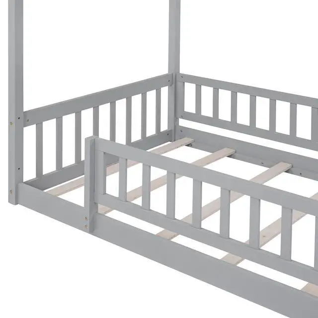 Alt view image 5 of 7 - Twin Size Wood Bed House Bed Frame With Fence, For Kids, Teens, Girls, Boys, Gray