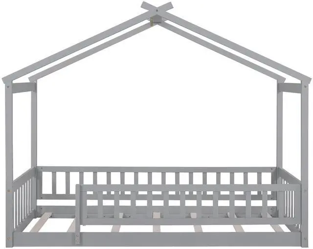 Alt view image 7 of 7 - Twin Size Wood Bed House Bed Frame With Fence, For Kids, Teens, Girls, Boys, Gray