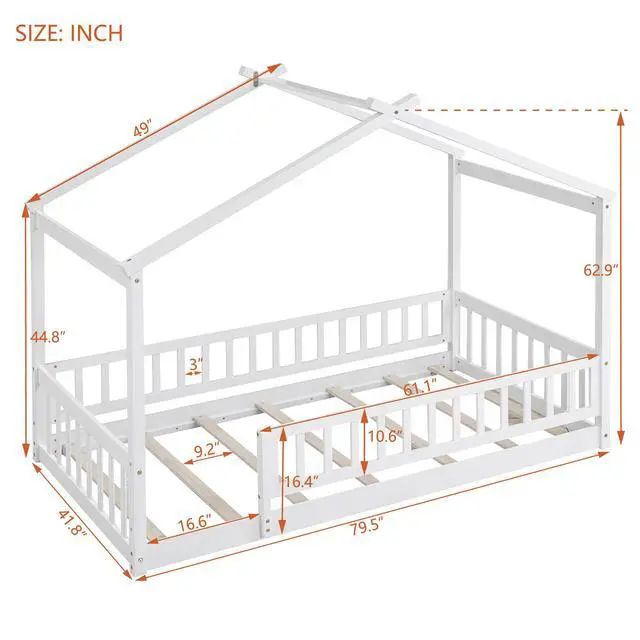 Alt view image 4 of 7 - Twin Size Wood Bed House Bed Frame With Fence, For Kids, Teens, Girls, Boys,White