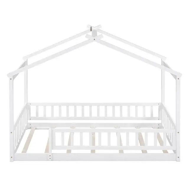 Alt view image 3 of 7 - Twin Size Wood Bed House Bed Frame With Fence, For Kids, Teens, Girls, Boys,White