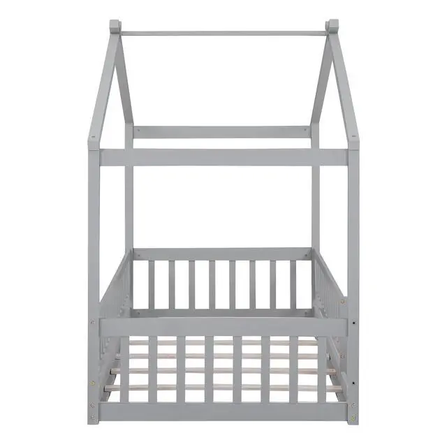 Alt view image 6 of 7 - Twin Size Wood Bed House Bed Frame With Fence, For Kids, Teens, Girls, Boys, Gray