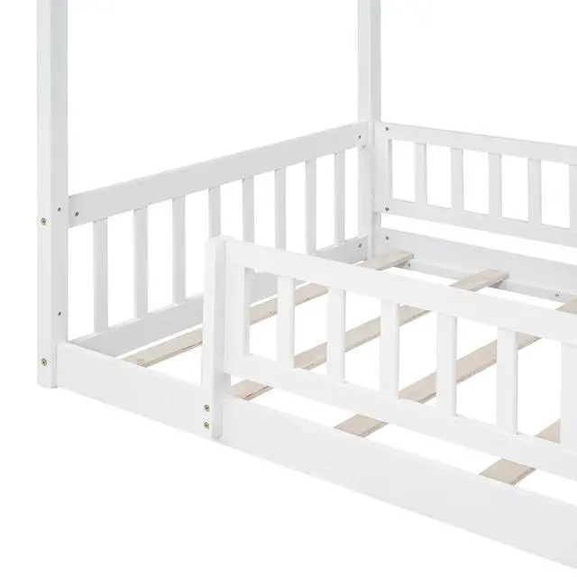 Alt view image 5 of 7 - Twin Size Wood Bed House Bed Frame With Fence, For Kids, Teens, Girls, Boys,White