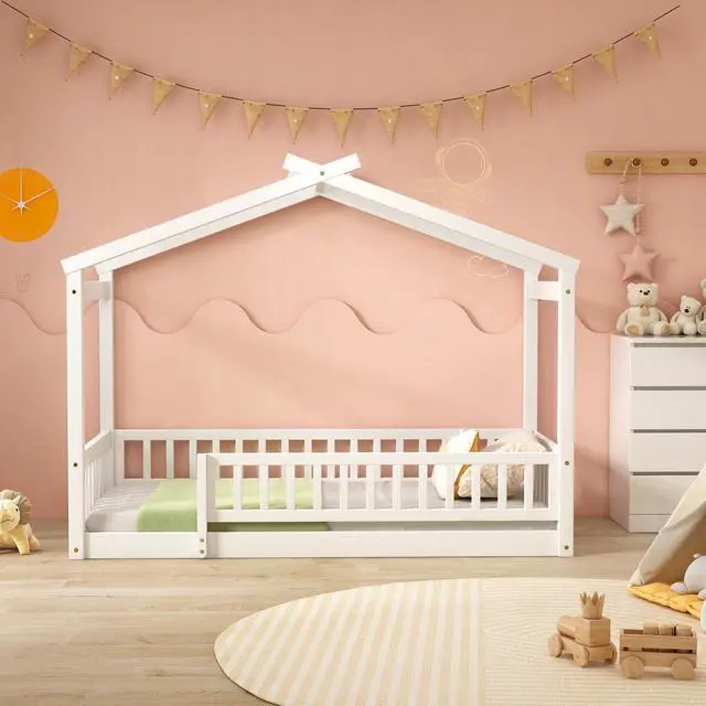 Main image of Twin Size Wood Bed House Bed Frame With Fence, For Kids, Teens, Girls, Boys,White