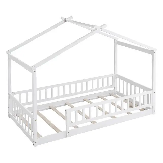 Alt view image 7 of 7 - Twin Size Wood Bed House Bed Frame With Fence, For Kids, Teens, Girls, Boys,White