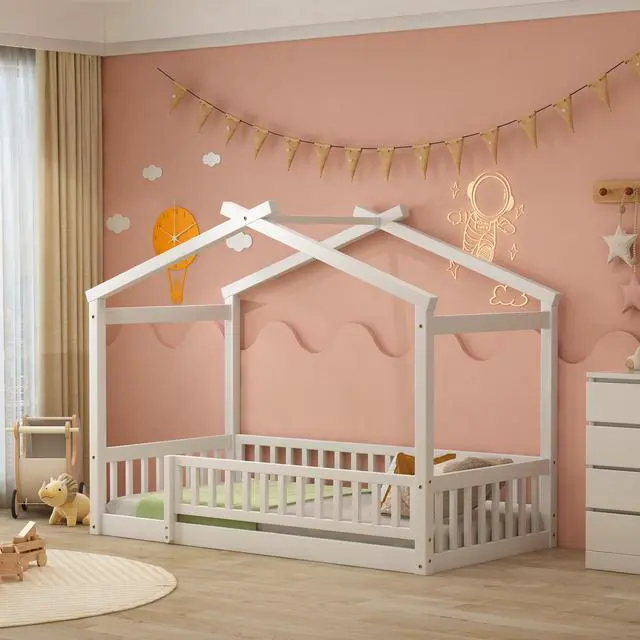 Alt view image 2 of 7 - Twin Size Wood Bed House Bed Frame With Fence, For Kids, Teens, Girls, Boys,White