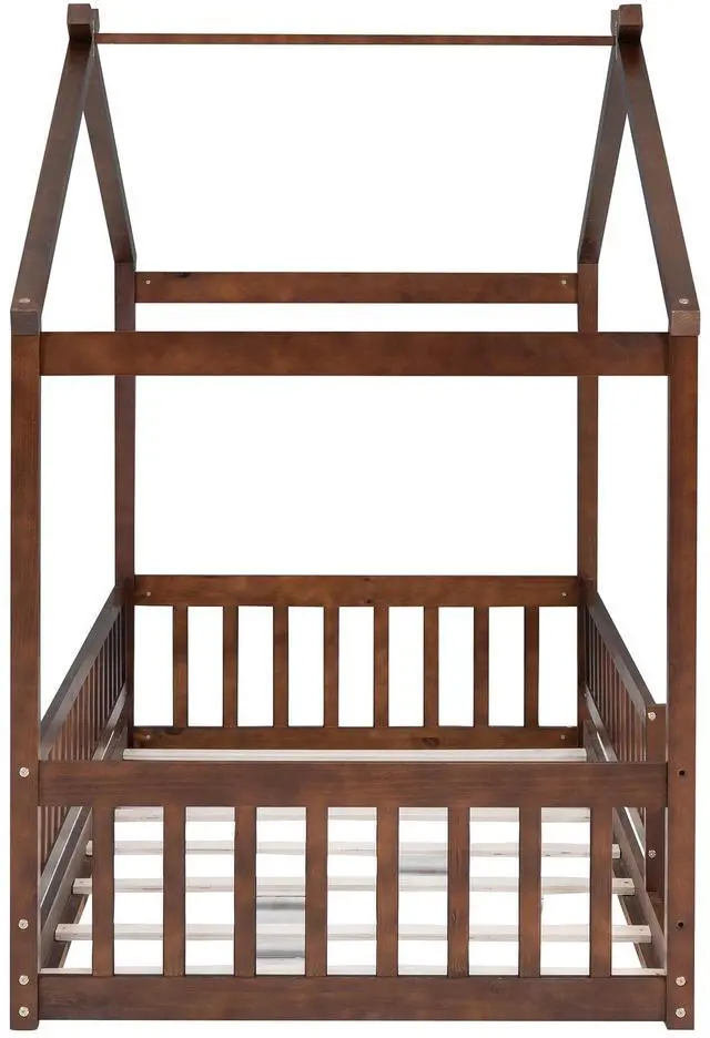 Alt view image 5 of 7 - Twin Size Wood Bed House Bed Frame With Fence, For Kids, Teens, Girls, Boys, Walnut