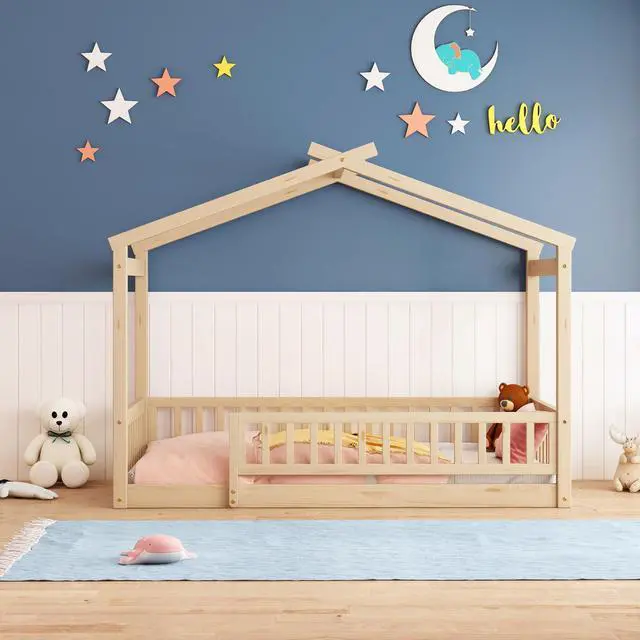 Alt view image 2 of 7 - Twin Size Wood Bed House Bed Frame With Fence, For Kids, Teens, Girls, Boys,Natural