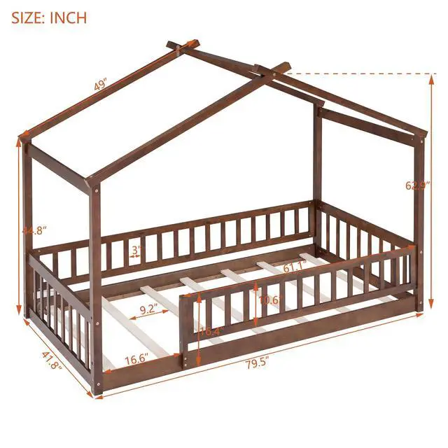 Alt view image 4 of 7 - Twin Size Wood Bed House Bed Frame With Fence, For Kids, Teens, Girls, Boys, Walnut