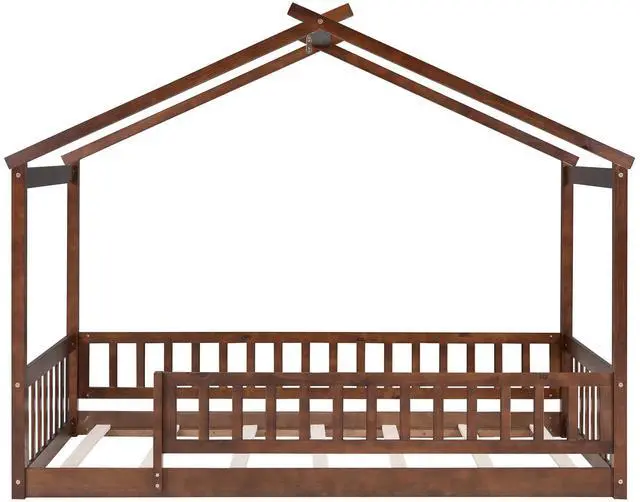Alt view image 6 of 7 - Twin Size Wood Bed House Bed Frame With Fence, For Kids, Teens, Girls, Boys, Walnut