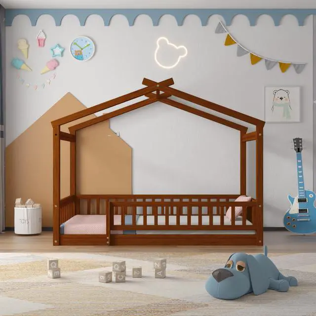 Main image of Twin Size Wood Bed House Bed Frame With Fence, For Kids, Teens, Girls, Boys, Walnut