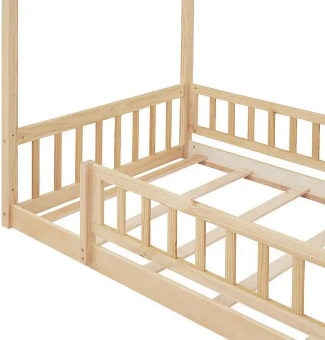 Alt view image 3 of 7 - Twin Size Wood Bed House Bed Frame With Fence, For Kids, Teens, Girls, Boys,Natural