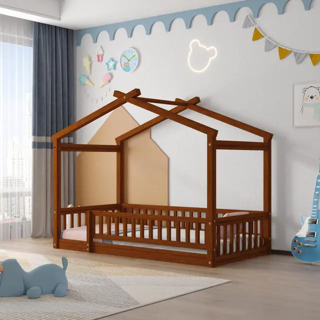 Alt view image 2 of 7 - Twin Size Wood Bed House Bed Frame With Fence, For Kids, Teens, Girls, Boys, Walnut
