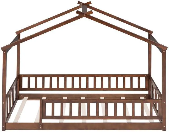 Alt view image 3 of 7 - Twin Size Wood Bed House Bed Frame With Fence, For Kids, Teens, Girls, Boys, Walnut
