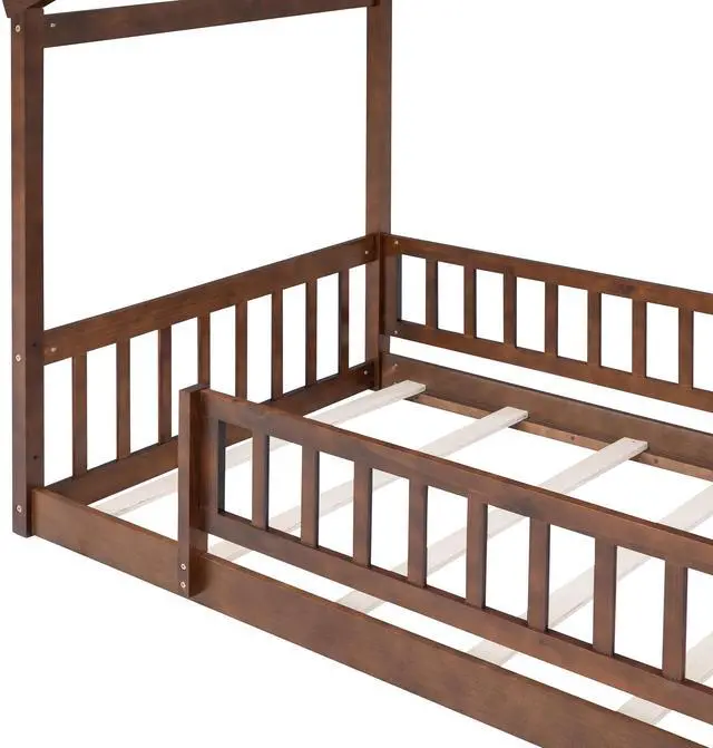 Alt view image 7 of 7 - Twin Size Wood Bed House Bed Frame With Fence, For Kids, Teens, Girls, Boys, Walnut