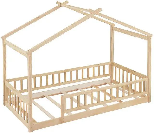 Alt view image 4 of 7 - Twin Size Wood Bed House Bed Frame With Fence, For Kids, Teens, Girls, Boys,Natural
