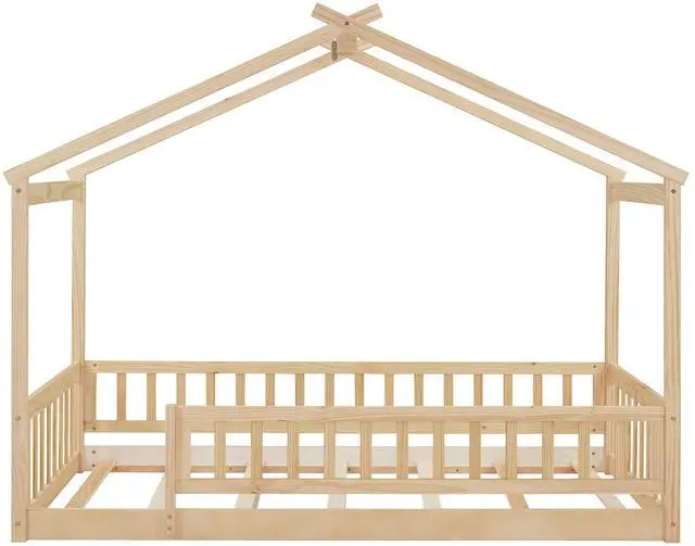 Alt view image 5 of 7 - Twin Size Wood Bed House Bed Frame With Fence, For Kids, Teens, Girls, Boys,Natural
