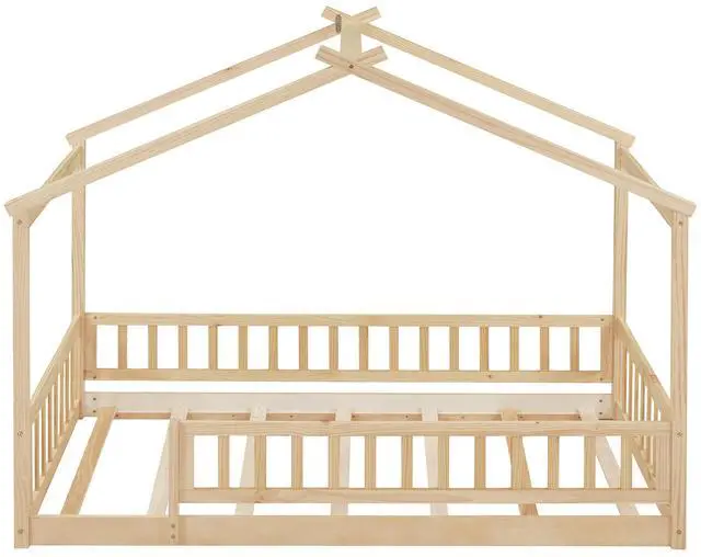 Alt view image 6 of 7 - Twin Size Wood Bed House Bed Frame With Fence, For Kids, Teens, Girls, Boys,Natural