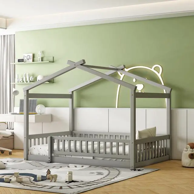 Main image of Full Size Wood Bed House Bed Frame With Fence, For Kids, Teens, Girls, Boys,Gray