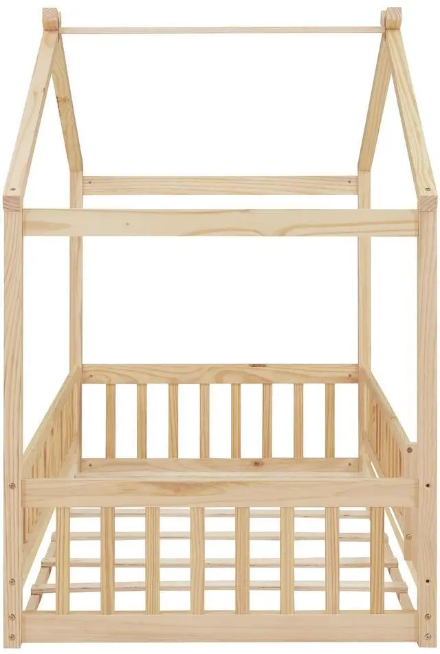 Alt view image 7 of 7 - Twin Size Wood Bed House Bed Frame With Fence, For Kids, Teens, Girls, Boys,Natural